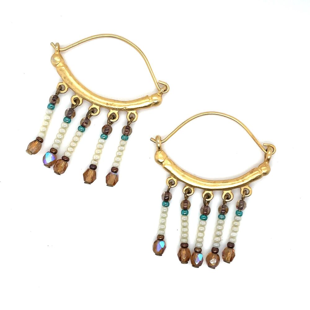 Gold Tone Beaded Dangle Hoop Earrings | Boho Fringe Earrings | Vintage Statement